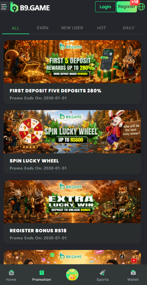 b9 app promotions page listing deposit rewards, lucky wheel and registration bonus