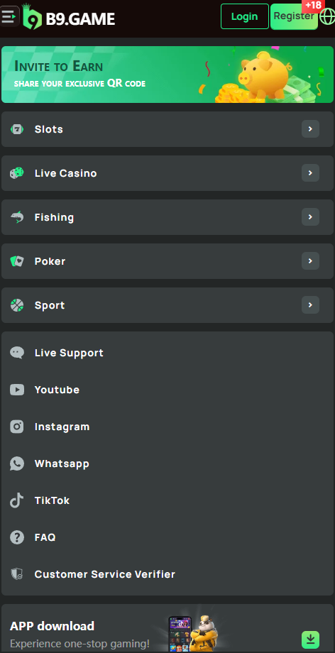b9 app side menu with slots, live casino, fishing, support and app download links